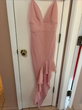 Blush Pink V-Neck Ruffle Hem Women's Dress